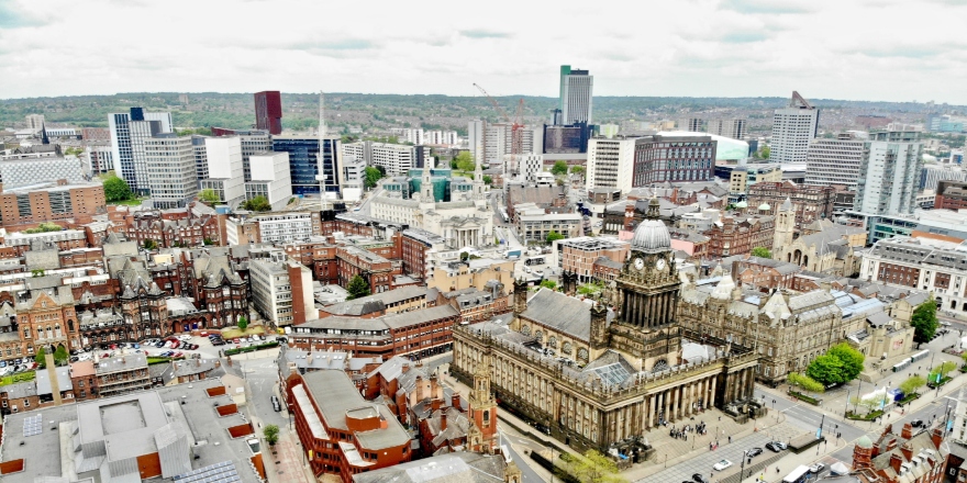Aerial view of Leeds city centre, including the Town Hall and surrounding buildings