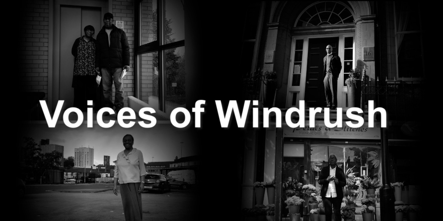 Black and white image of Windrush generation with white text reading 'Voices of Windrush'