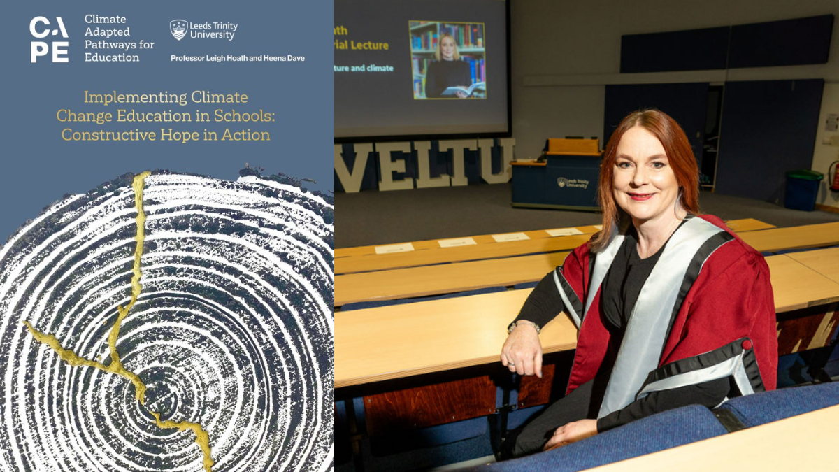 A collage showing the cover of a new Climate Change Education report and a photo of Professor Leigh Hoath wearing an academic gown and sitting in a lecture theatre.