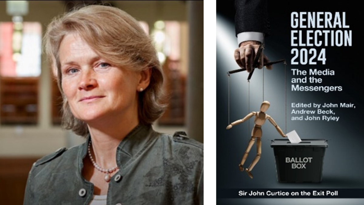 A collage showing a female academic on the left and the cover of a book on the General Election 2024 on the right.
