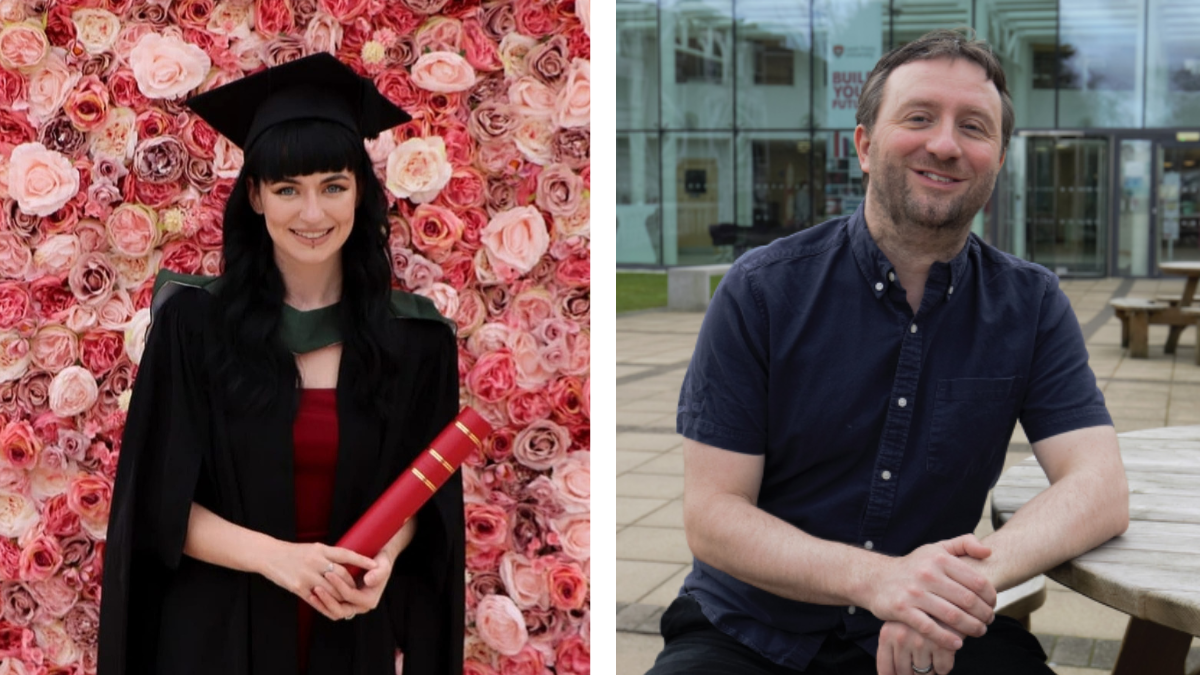 A collage showing a student on her graduation day against a flower wall and a lecturer smiling in front of Leeds Trinity University.