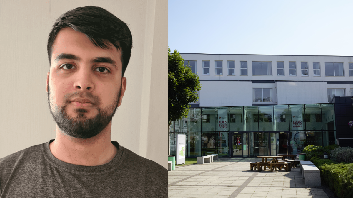 A collage showing a man with dark hair and beard on the left and the Leeds Trinity University reception building on the right.