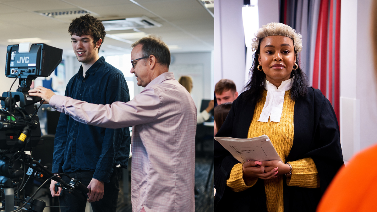 A collage showing a Journalism student and lecturer working with a camera on the left and a Law student in legal attire on the right.