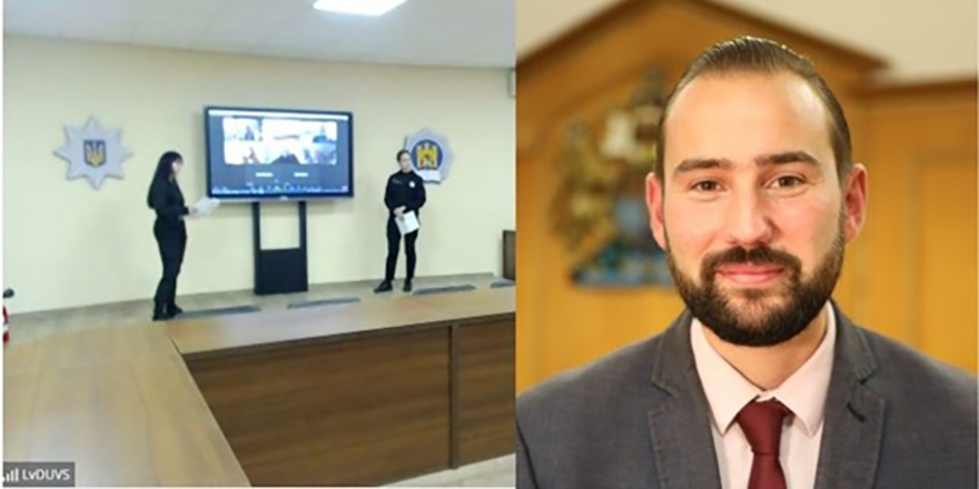 A two-image collage with two young people standing on a stage on the left and a man with a beard on the right.