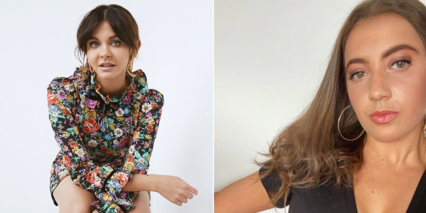 Split screen image of two females one with dark hair and wearing floral dress, the right hand side with long brown hair wearing black t shirt.