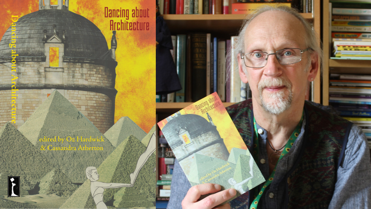 A collage showing the cover of a new poetry anthology on the left and Professor Oz Hardwick holding the book on the right.