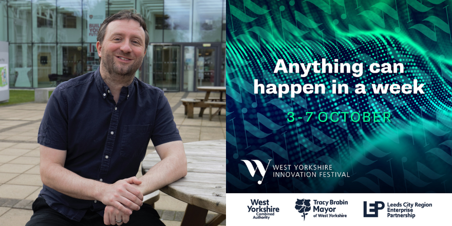 Split screen image with male sat down on left and graphic of West Yorkshire Innovation Festival on right.