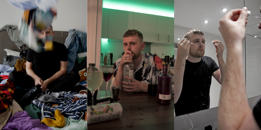 Three images of white male with clothes, sat down and reflection in bathroom mirror.