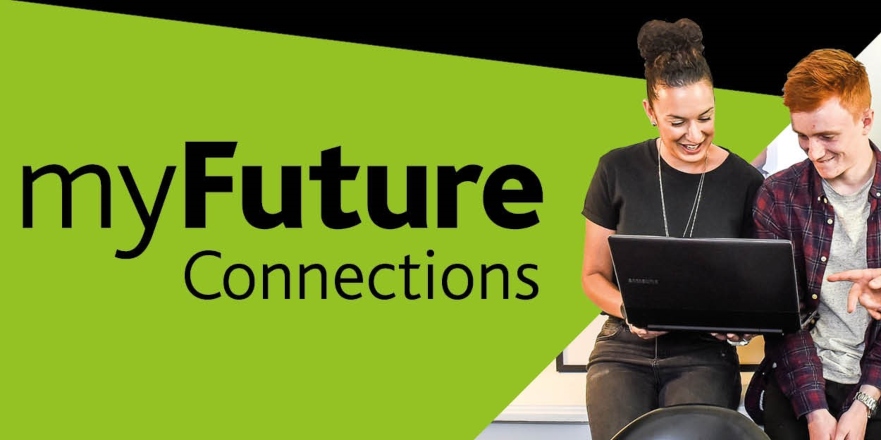 Green background which reads myFuture Connections, along with image of two students looking at laptop